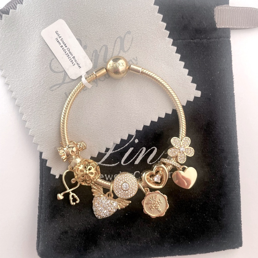 Linx Yellow Gold Snake Chain Bracelet with Registered Nurse Themed Charms